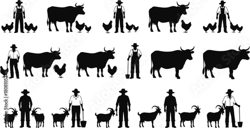 Vector set of black farm silhouettes featuring farmers, cows, goats, and chickens, isolated on white background for agriculture, livestock, and ranching design.