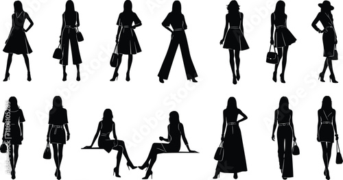 Vector set of fashion model silhouettes featuring women in stylish dresses and pants, posing with handbags, isolated on white background for design.