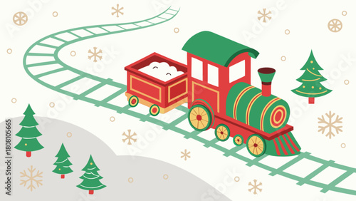 Festive christmas train with a green engine and red car on a snowy track with christmas trees around