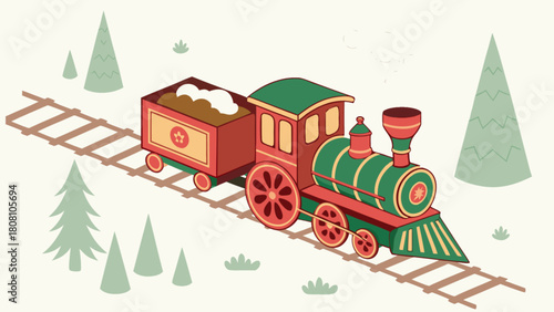 Illustration of a vintage train with a coal car on tracks surrounded by stylized pine trees in a scene