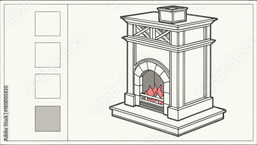 Illustration of a fireplace with a burning fire and selection boxes on the left side panel