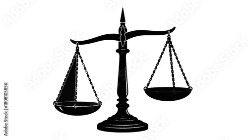 Vector illustration of black silhouette of scales of justice, symbolizing law, balance, and fairness, isolated on transparent background 