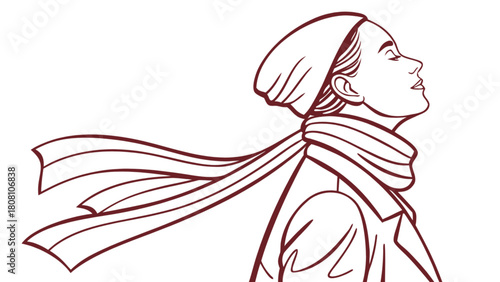 Illustration of a woman with a headscarf and scarf blowing in the wind in outline style art