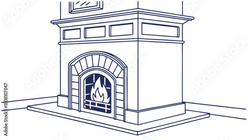 Illustration of a fireplace with a burning flame inside and a decorative mantel shelf above it