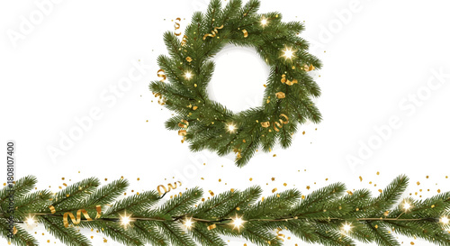 Festive Christmas Wreath and Garland Border with Golden Glitter and Lights for Holiday Decor