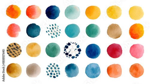 A colorful watercolor polka dot pattern isolated on transparent background
