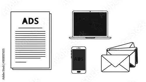 Vector illustration of digital and print advertising concepts with document, laptop, phone, and email icons isolated on white on transparent background