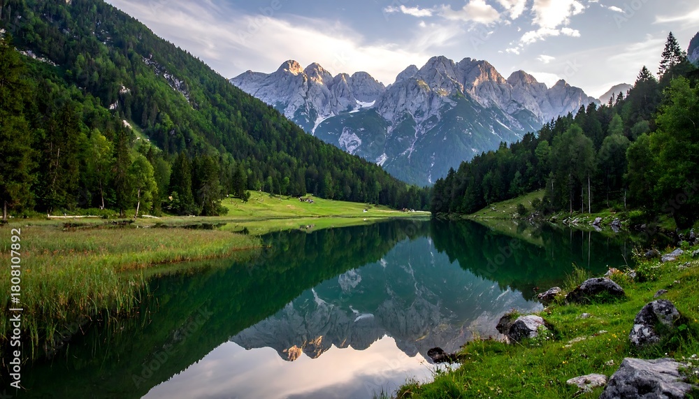 Fototapeta premium Stunning vista with calm lake reflecting mountains and surrounding nature