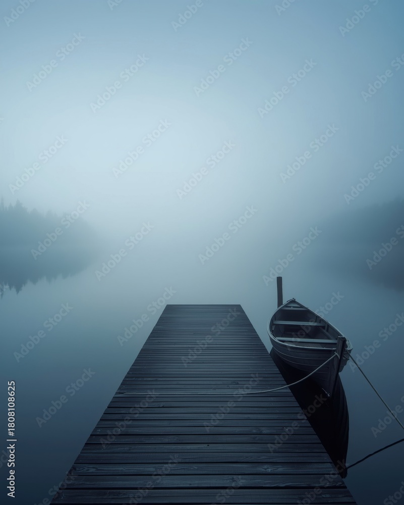 Fototapeta premium Serene Foggy Lake Scene Featuring a Wooden Pier and Boat on a Misty Morning, Peaceful and Calm