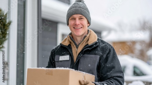 A friendly delivery person holding a brown cardboard package in front of a snow-covered house door, smiling warmly, wearing uniform and winter hat, highlighting customer service in all weather
