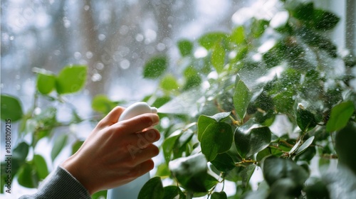 Person tending an indoor houseplant near a snowy window, close-up focus on hands holding a water sprayer and vibrant green leaves, strong contrast between lush foliage and white snowy backdrop