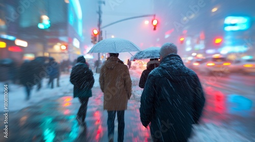 Cinematic metropolitan street scene in heavy snowfall, people walking with umbrellas and coats, motion blur for anonymity, traffic lights and headlights reflecting on wet asphalt, busy urban winter at