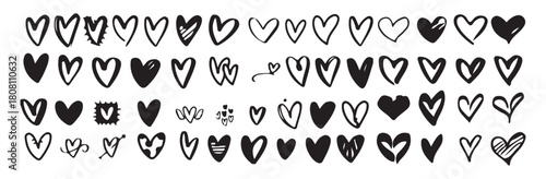 Extensive set of hand drawn heart shapes. Various doodle love icons. Sketchy heart collection for design.