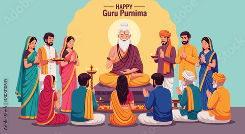 Happy Guru Purnima celebration with a spiritual teacher surrounded by devotees offering prayers and respect