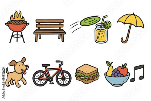 Leisure and outdoor flat icon set: barbecue, picnic, sports, and more icons collection