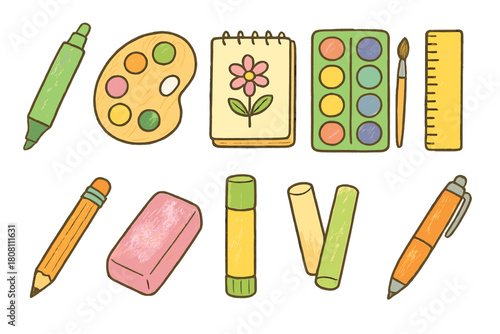 Art and craft flat icon set. Drawing, painting tools flat icon collection