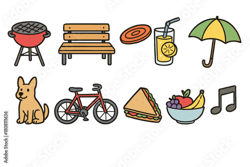 Picnic and outdoor leisure icon set. Flat style summer barbecue, recreation icons collection