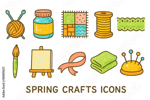 Crafts and sewing icon set. Colorful, hand-drawn collection for diy projects