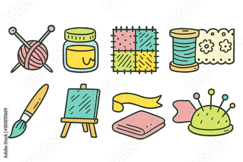 Craft and sewing icon set in flat style. Needlework, knitting, painting icons collection