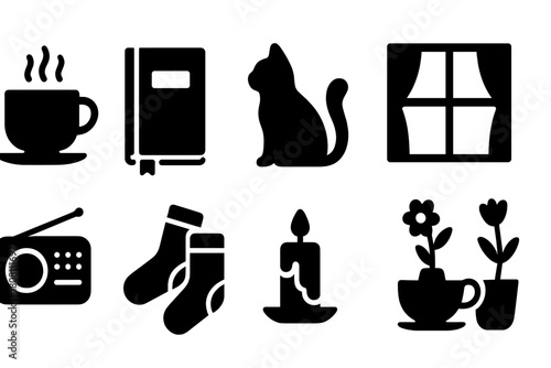 Winter and cozy solid icon set. Warmth, comfort, hygge solid icon collection.