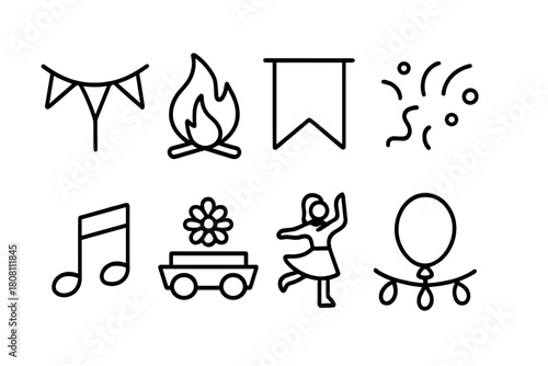 Festival and celebration line icon set with party and dance elements