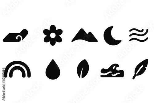 Nature and elements silhouette icon set. Symbols of earth, water, air, and fire.