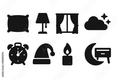 Cozy sleep silhouette icon set. Bedtime, night routine icons for relaxation
