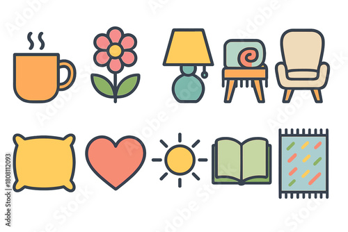 Home and lifestyle icon set: cozy and colorful outline icon collection