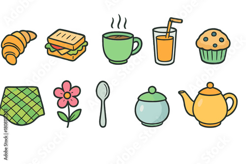 Breakfast, food flat icon set. Bakery, coffee, drinks, utensils flat icons collection.