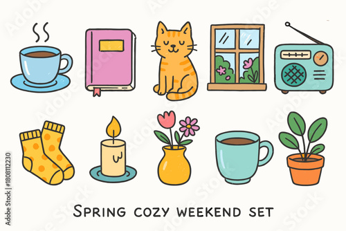 Spring cozy weekend icon set. Charming doodle style illustrations for relaxed days