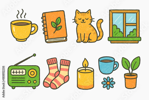 Cozy home flat icon set. Warm decor, comfort, and relaxation icons collection.