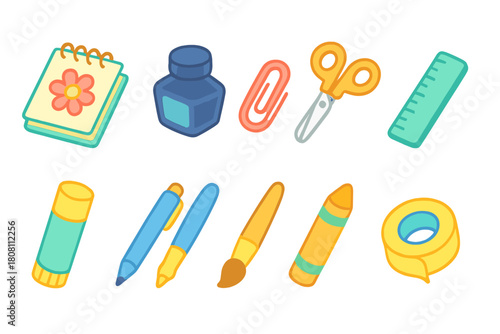 Office supplies neon icon set. Bright and colorful neon style icons for stationery needs