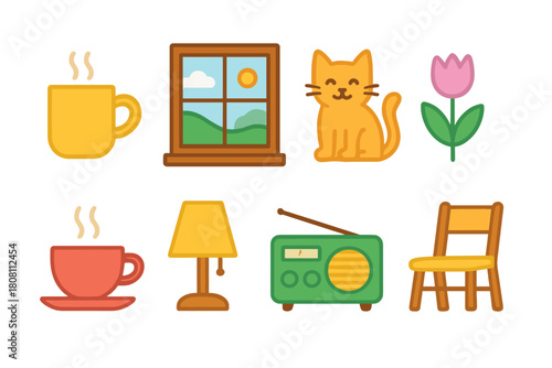 Neon glowing icon set: home, flowers, and coffee with a warm light outline style.