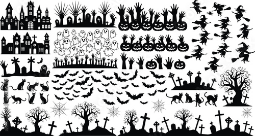 Halloween silhouette collection, spooky icons, haunted house graphics, ghost bat witch elements, festive horror symbols, cad drawing flat vector illustration