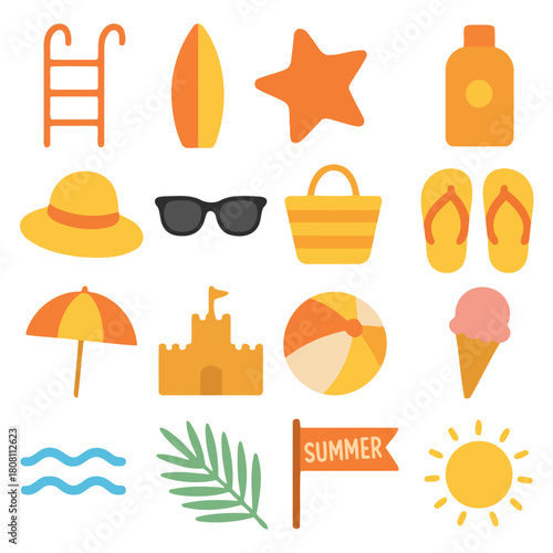 Summer Essentials: A vibrant collection of icons embodies the spirit of summer, each detail a whisper of relaxation, fun, and the carefree days of sun-soaked bliss.