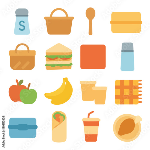 Picnic Delights: A vibrant and inviting collection of picnic essentials, featuring a basket, sandwich, fruit, and refreshing beverages, perfect for a sunny day out.