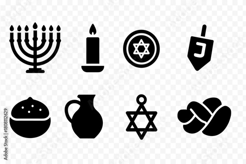 Hanukkah solid icon set. Jewish festival, candle, star, dreidel, menorah icons collection