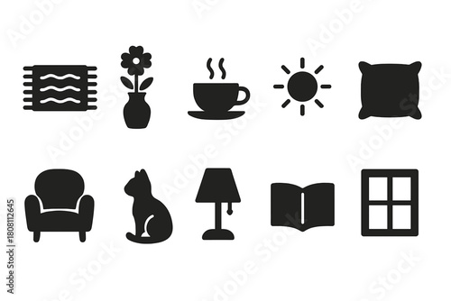 Home and living solid icon set: cozy home decor, indoor comfort symbols