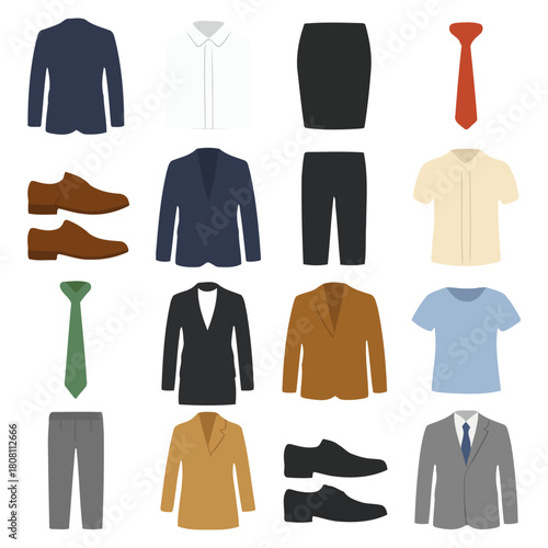 Business Attire Ensemble: A collection of meticulously arranged business attire. Featuring suits, shirts, ties, skirts, and shoes.