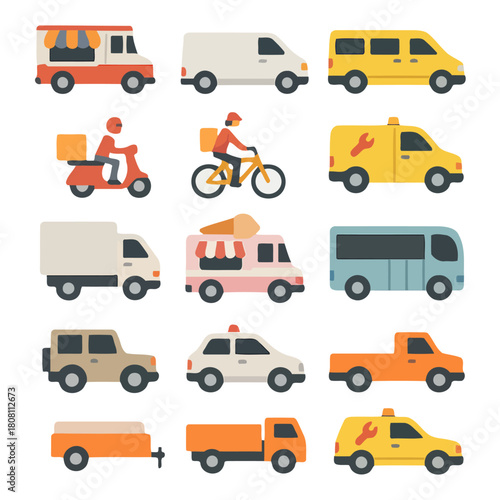 Diverse Transportation Fleet: A vibrant compilation of varied vehicles, including delivery vans, buses, and service trucks, showcases a dynamic range of transport options.