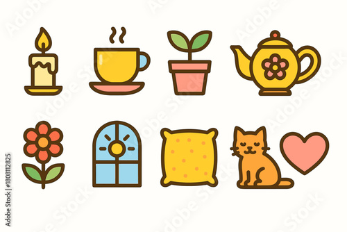 Cozy home, leisure flat icon set. Tea, candle, relaxation icons flat collection