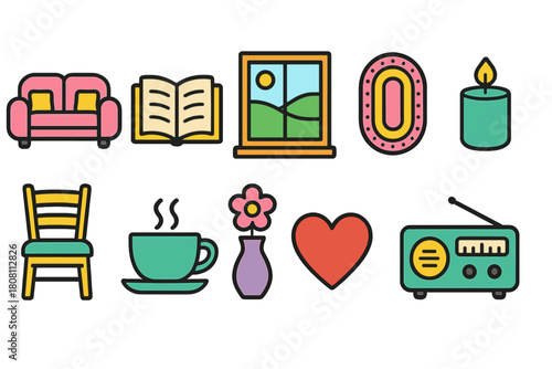 Home essentials flat icon set. Cozy living, relaxation icons collection