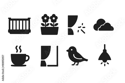 Home decor silhouette icon set. Interior, garden, coffee, bird, cloud icons