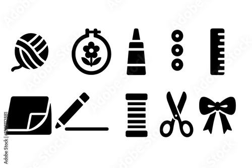 Craft tools silhouette icon set. Yarn, sewing, knitting, art supplies silhouette icons