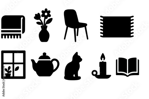 Home and leisure silhouette icon set. Relaxation, reading, and comfort silhouettes.