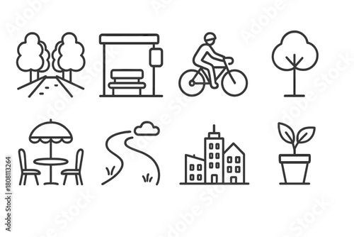 City park outline icon set. Urban landscaping, recreation, and nature symbols.