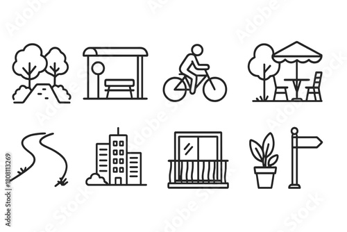 Urban park line icon set. Cityscape, outdoor, urban life linear graphics collection