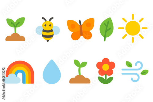 Nature, environment flat icon set. Gardening, eco, sunshine, weather symbols collection