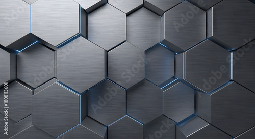Abstract Dark Metallic Hexagon Pattern Background with Glowing Edges