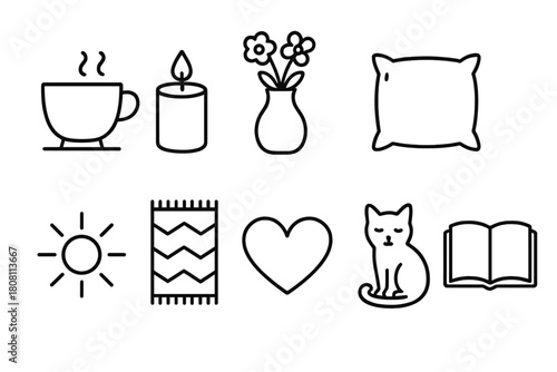 Home essentials outline icon set. Cozy living and home comfort symbols collection.